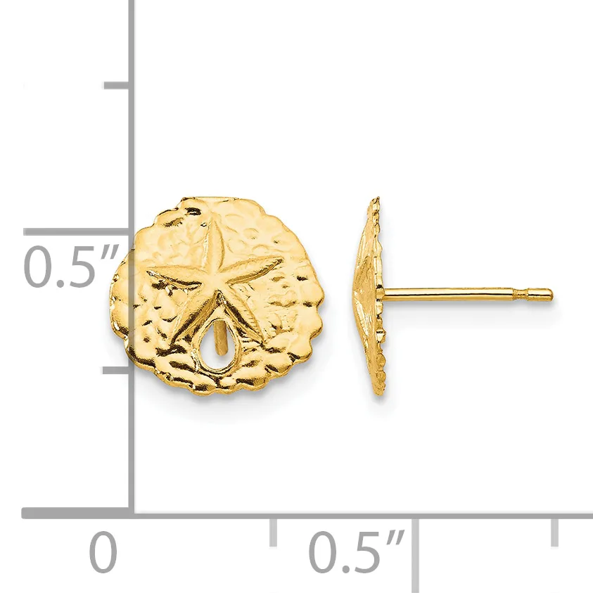Gold starfish earring studs shown front and side view against a measurement scale indicating approximately 0.5 inch diameter.