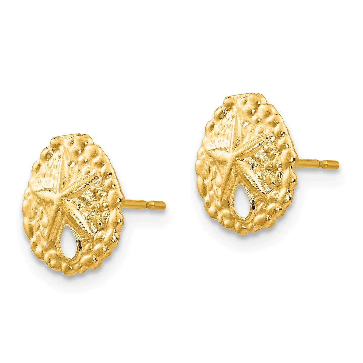 Pair of gold textured oval stud earrings with cutout details and posts, displayed against a white background.
