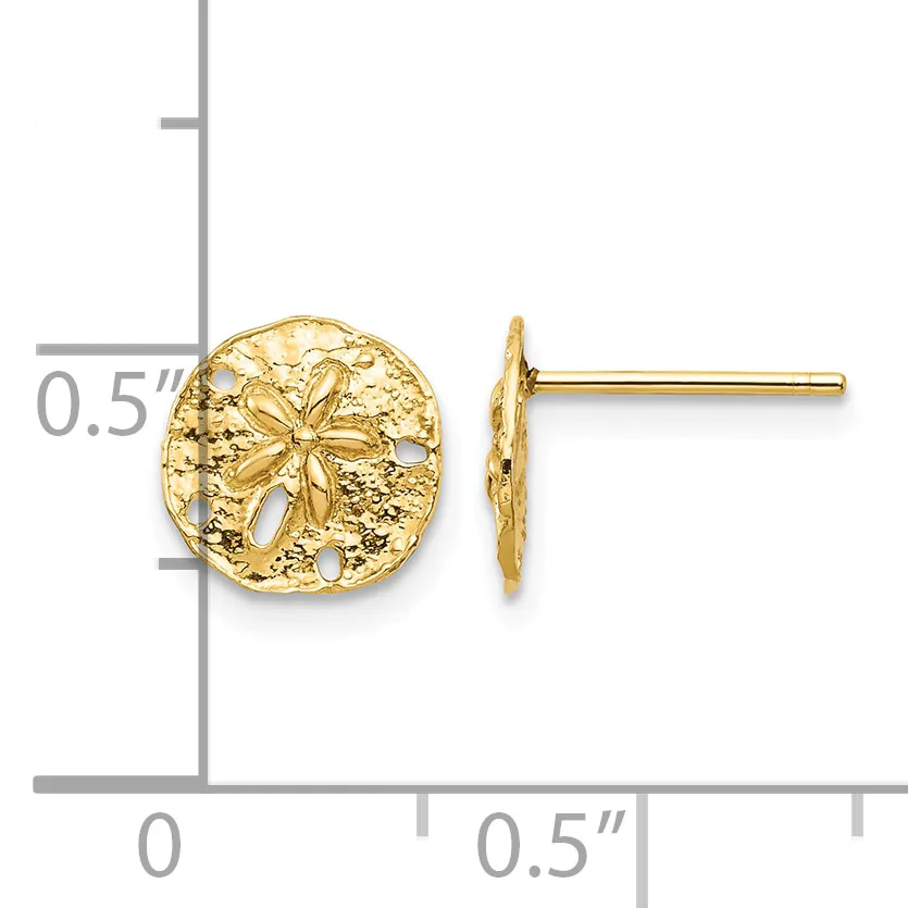 Gold stud earrings with round sand dollar design, shown front and side view against a measurement scale.