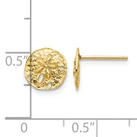 Gold stud earrings with round sand dollar design, shown front and side view against a measurement scale.