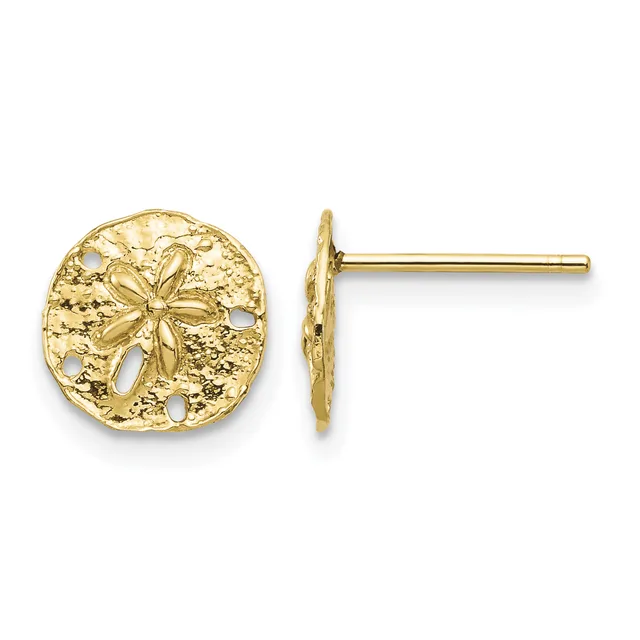 Pair of gold stud earrings featuring circular sand dollar designs with openwork details and textured surfaces, shown from front and side views.