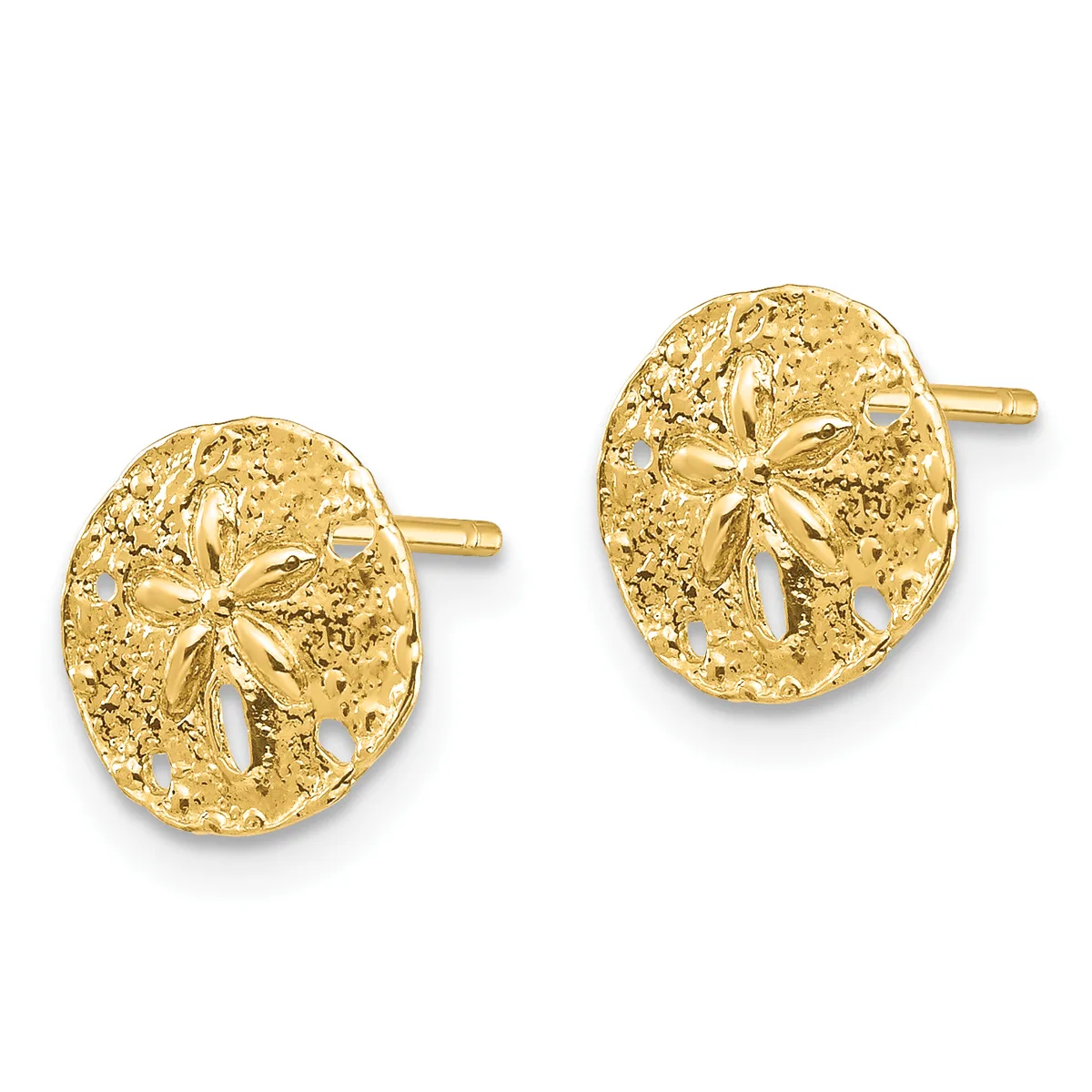 A pair of gold sand dollar stud earrings with textured surfaces and cutout details, shown against a white background.