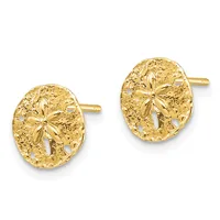 A pair of gold sand dollar stud earrings with textured surfaces and cutout details, shown against a white background.