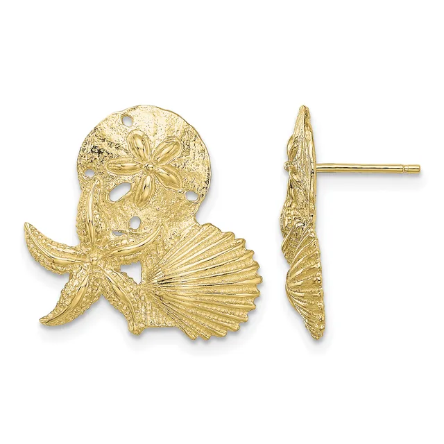 Pair of gold stud earrings featuring starfish and seashell designs shown from front and side views.