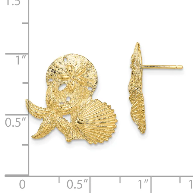 Gold-colored metal stud earrings featuring textured starfish and shell designs, shown front and side view against a measurement scale.