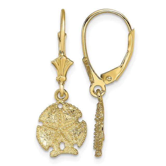 Pair of gold-toned leverback earrings with textured circular pendants featuring cutout details, shown from front and side views.