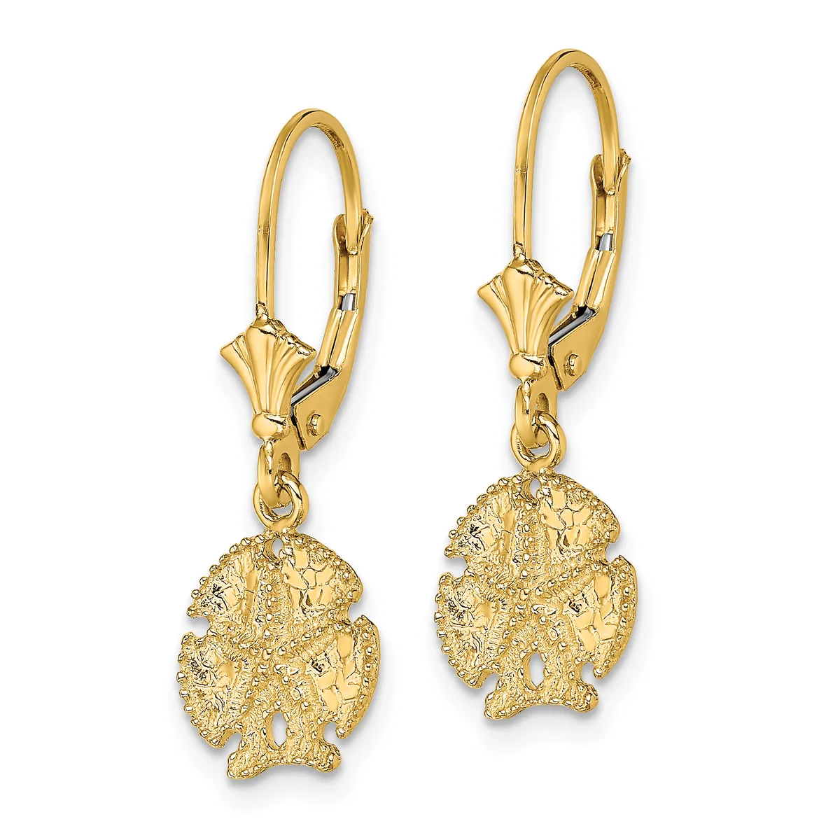 Pair of gold fish-shaped dangle earrings with textured surfaces and small diamond accents, suspended from ornate lever-back ear wires.