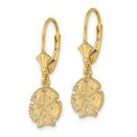 Pair of gold fish-shaped dangle earrings with textured surfaces and small diamond accents, suspended from ornate lever-back ear wires.