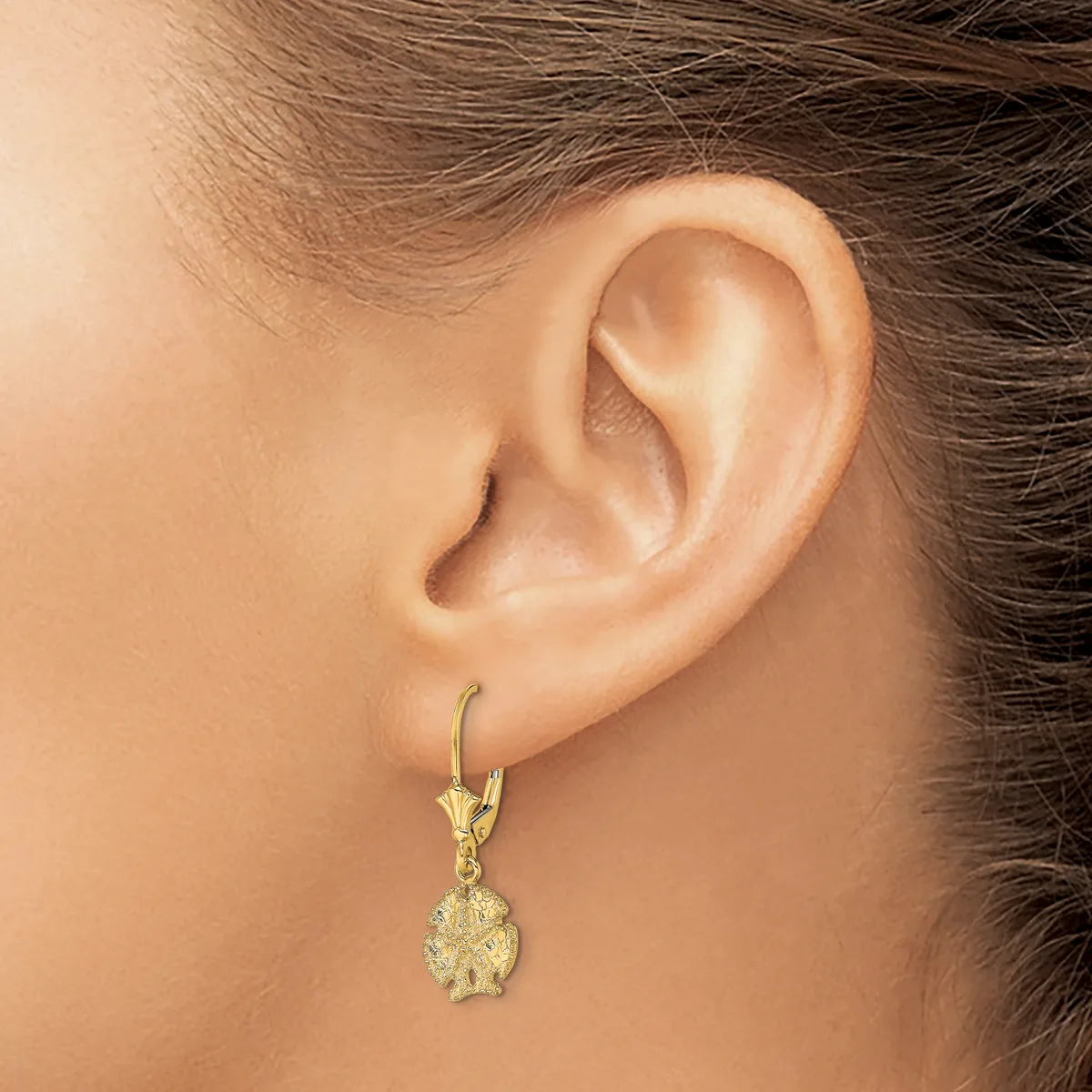 A woman wearing a gold-toned leverback earring with a textured round pendant hangs from her earlobe.