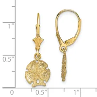Gold-textured scallop shell dangle earrings with leverback closures shown on a measurement scale indicating approximately one inch in length.