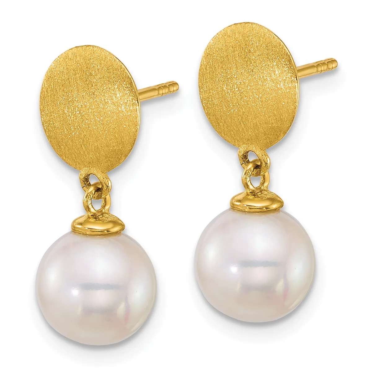 A pair of gold stud earrings with brushed oval tops and dangling white pearl spheres connected by small gold caps and loops.