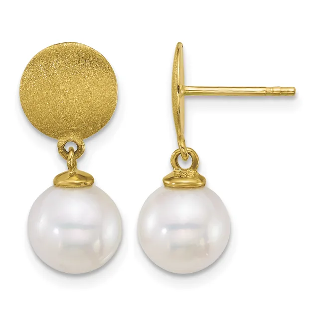 Pair of gold earrings with brushed circular tops and dangling white pearl spheres, shown from front and side views.
