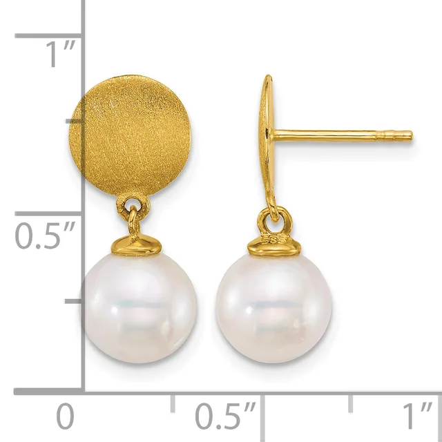 Gold disc stud earrings with dangling white pearl drops, shown front and side view with measurement scale indicating approximately one inch total length.