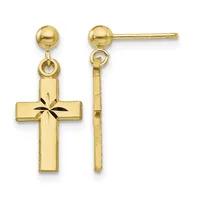 Pair of gold dangle earrings with ball studs and cross pendants featuring a star cutout design, shown from front and back views.