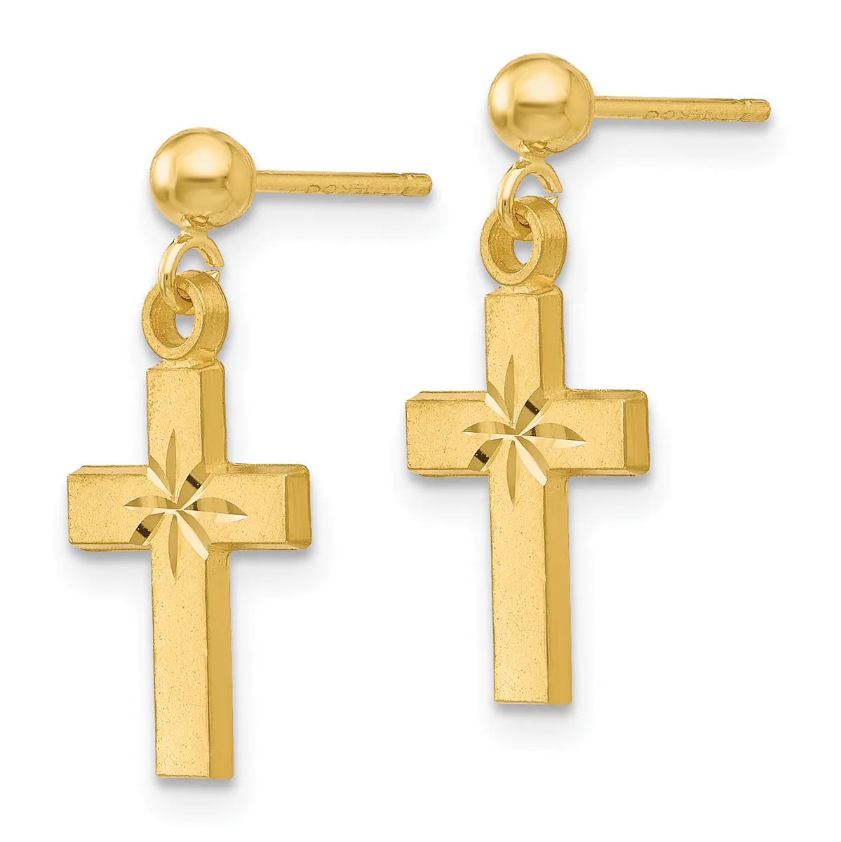 Pair of gold cross earrings with ball studs and decorative star-burst cutouts on the cross faces, shown against a white background.