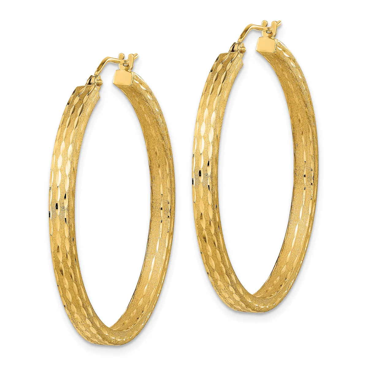 Pair of gold hoop earrings with a textured hammered finish and hinged post closures, displayed side by side.