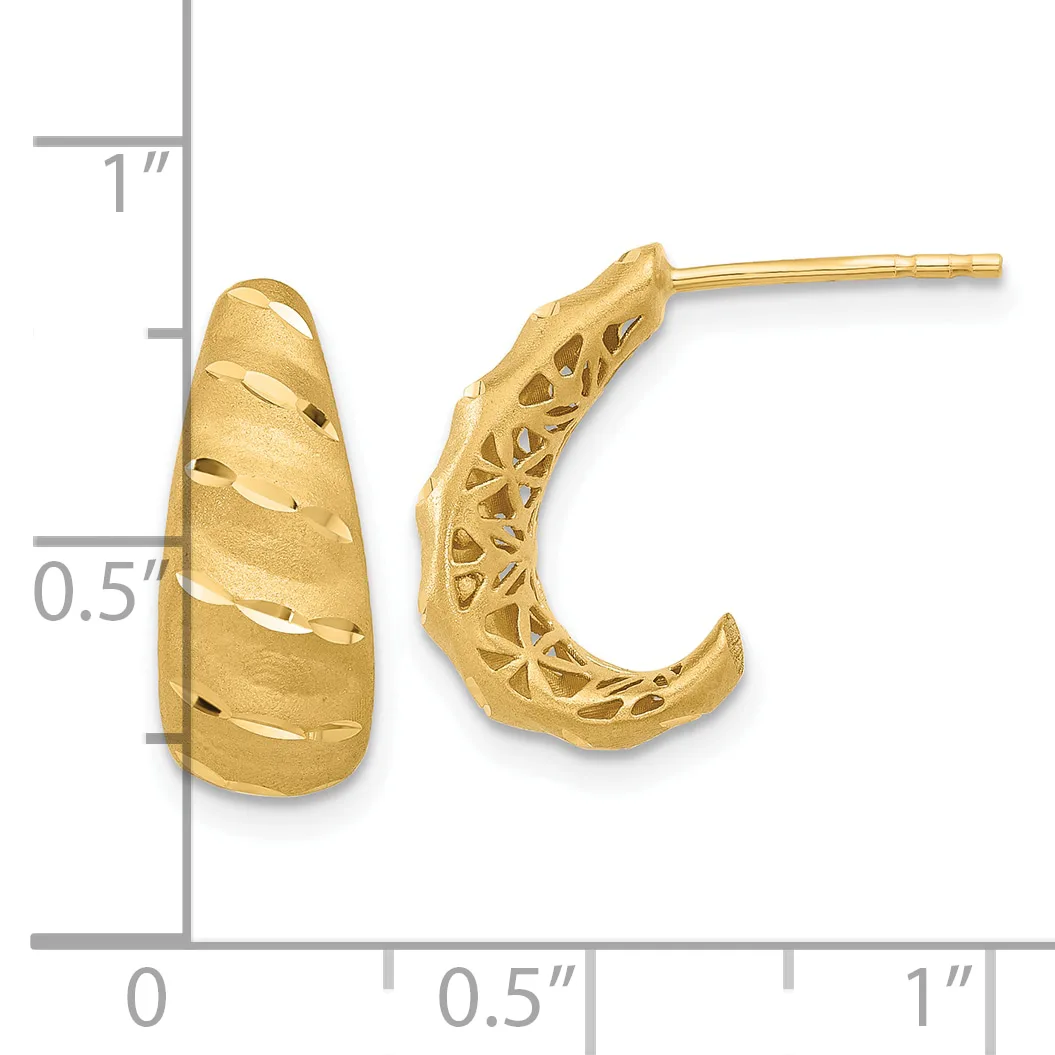 A pair of gold hoop earrings with textured finish and cutout filigree detailing, shown next to a measurement scale.