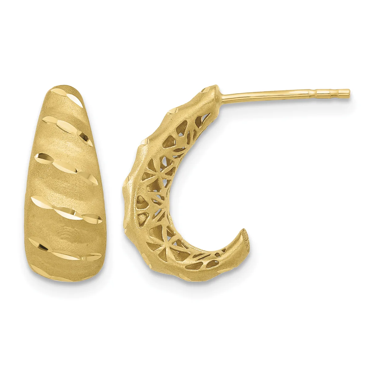 A pair of gold hoop earrings with a textured finish and cutout pattern design, shown from front and side views.