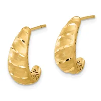 Pair of gold hoop earrings with textured surface and cutout details, shown from the front against a white background.