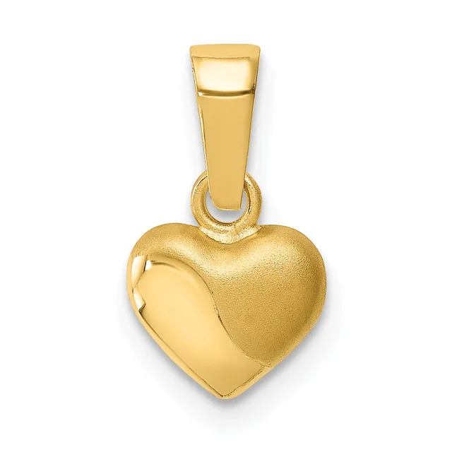 A gold heart-shaped locket pendant with a polished finish on one side and textured finish on the other, suspended from a rectangular bail.