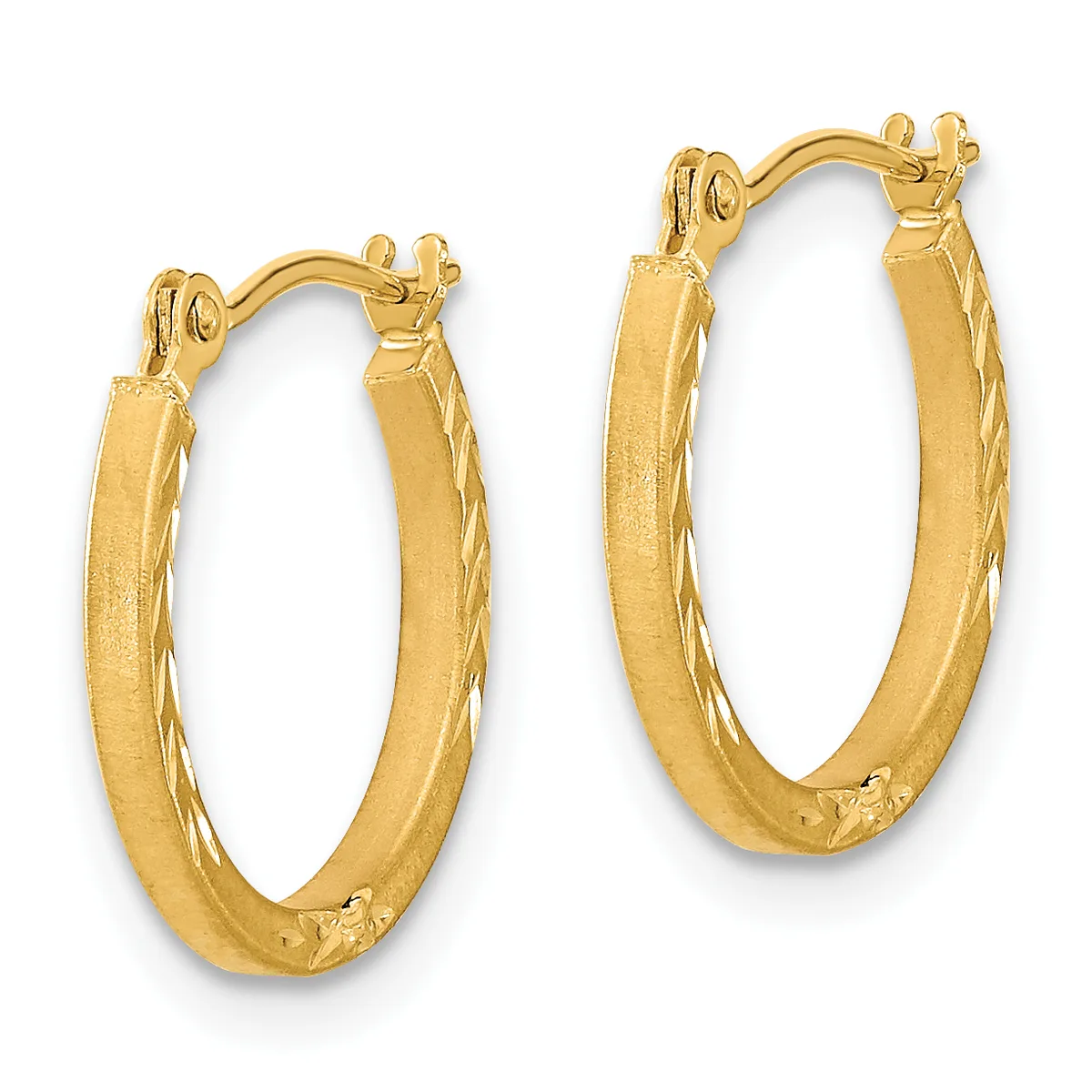 A pair of gold hoop earrings with a textured finish and hinged closures, displayed side by side against a white background.
