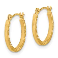 A pair of gold hoop earrings with a textured finish and hinged closures, displayed side by side against a white background.