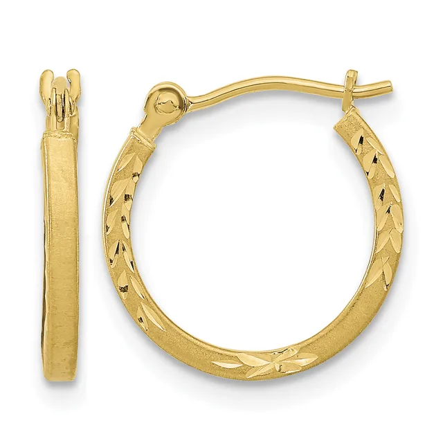 Pair of gold hoop earrings with textured surface and hinged closures, shown from front and side views.