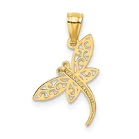 A gold dragonfly pendant with ornate filigree patterns on its wings and body, shown hanging from a bail against a white background.