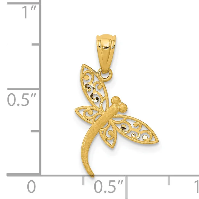 Gold dragonfly pendant with filigree-patterned wings and a polished body, shown against a ruler measuring approximately one inch in height.