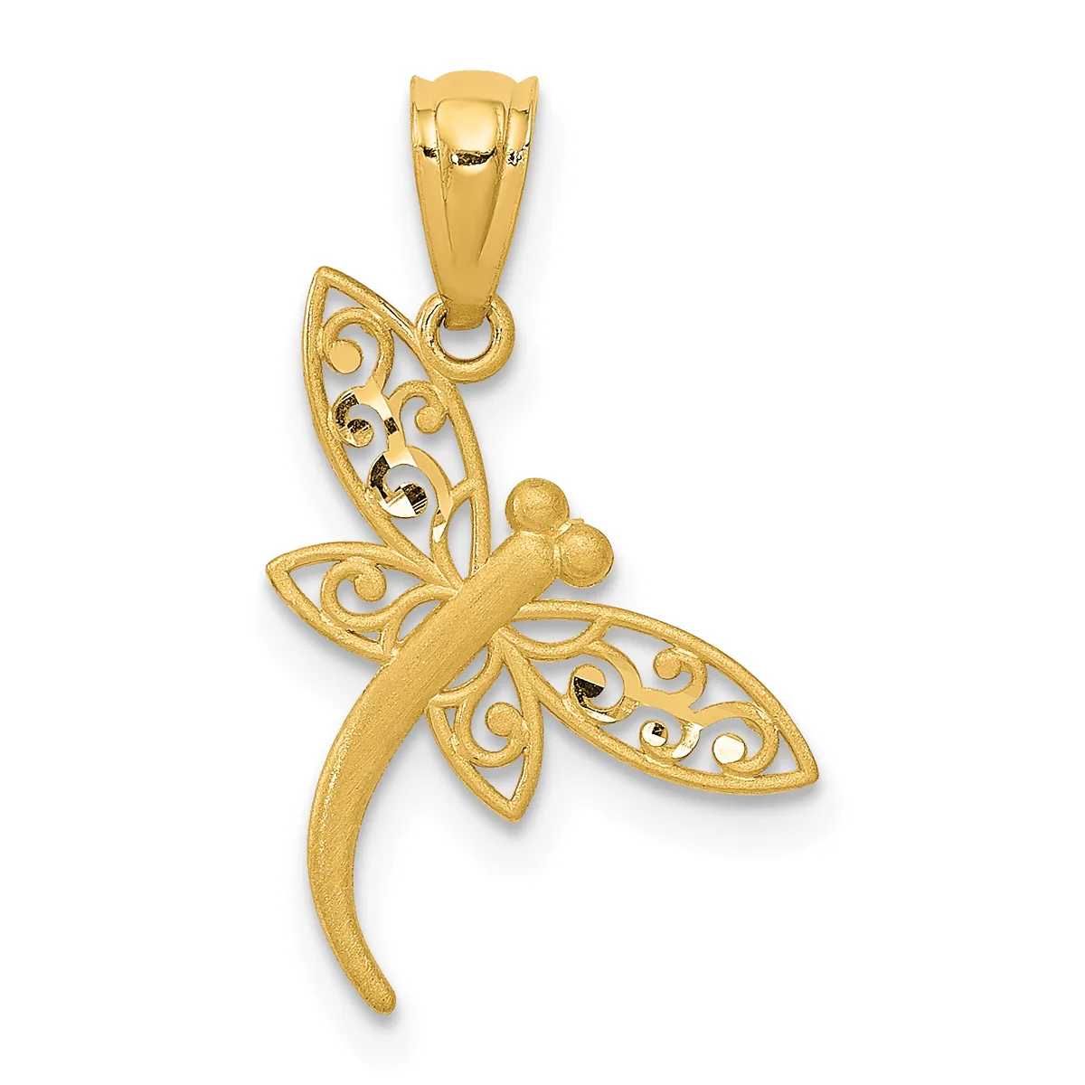 A gold dragonfly pendant with ornate filigree patterning on the wings and a polished body, shown suspended from a bail loop against a white background.