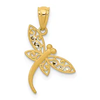 A gold dragonfly pendant with ornate filigree patterning on the wings and a polished body, shown suspended from a bail loop against a white background.