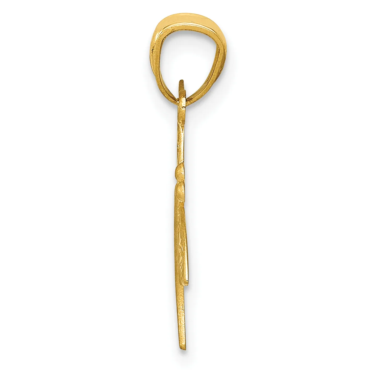 A long, slender gold safety pin with an oval loop at the top and a pointed clasp at the bottom, shown against a white background.
