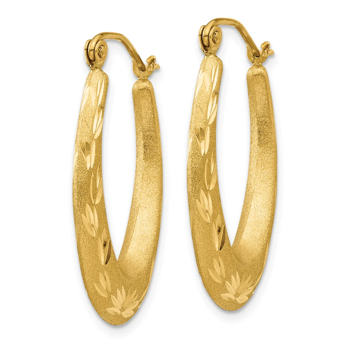 A pair of gold hoop earrings with a textured satin finish and decorative leaf engravings along the lower portion, shown against a white background.