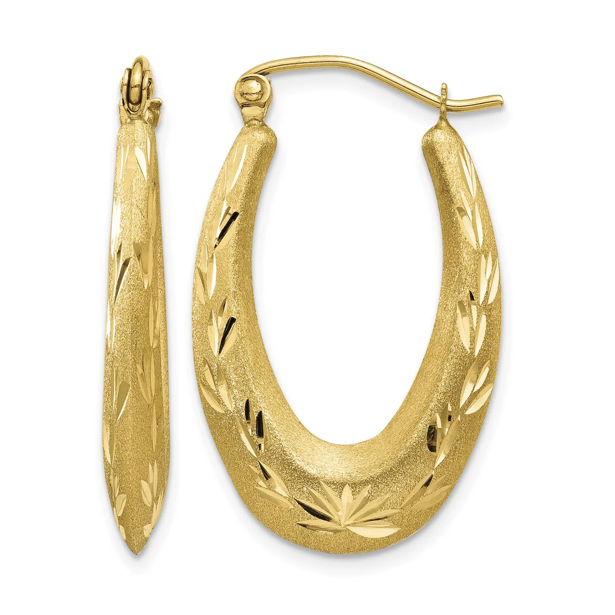 A pair of gold hoop earrings with a textured and etched surface design, shown from the front and side view.