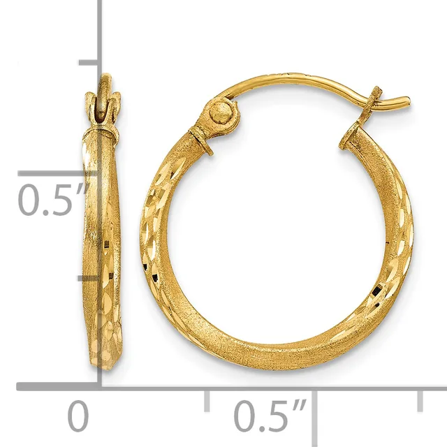 A pair of gold hoop earrings with a textured hammered finish and post backs, shown with a measurement scale indicating they are approximately half an inch in diameter.