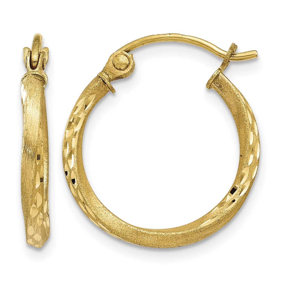 A pair of textured gold hoop earrings with a hammered finish and hinged posts, displayed against a white background.