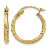 A pair of textured gold hoop earrings with a hammered finish and hinged posts, displayed against a white background.