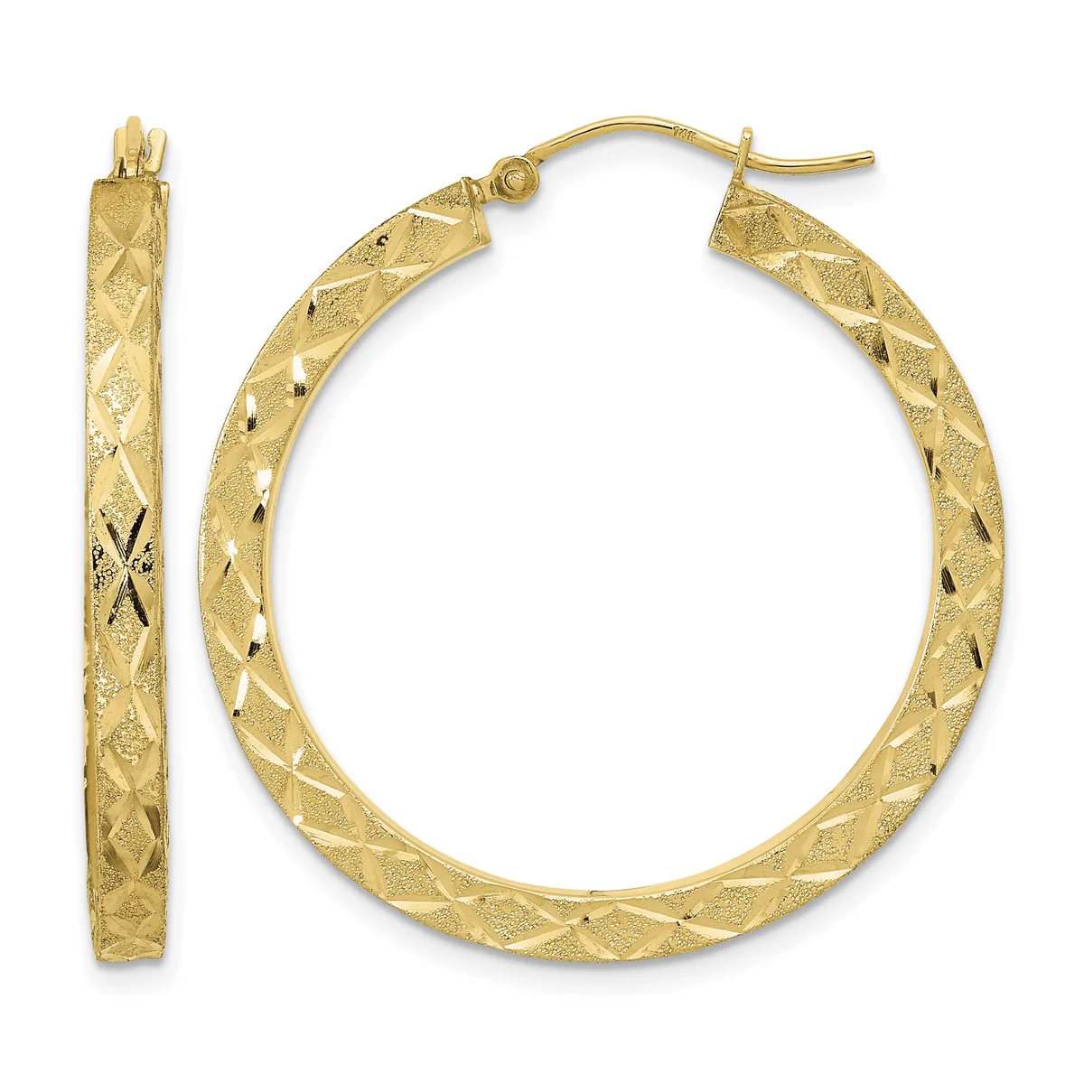 A pair of gold hoop earrings with a diamond-cut textured surface, shown from the front and side view.