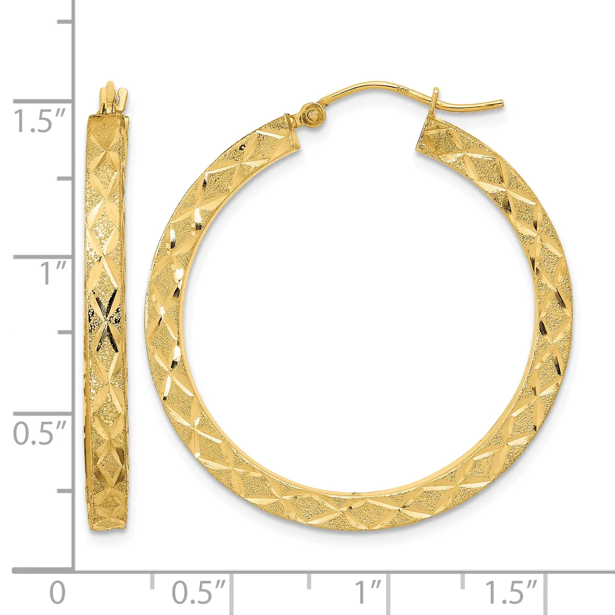 Gold-toned hoop earrings with a textured diamond pattern surface, shown from front and side views next to a measurement scale indicating approximately 1.5 inches in length.