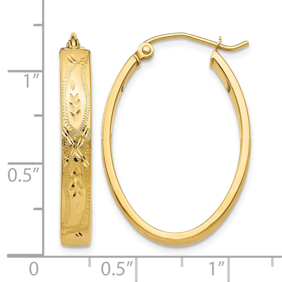 Gold-colored oval hoop earrings with textured surface and matching textured rectangular pendant, displayed next to a measurement ruler showing approximately one inch in length.