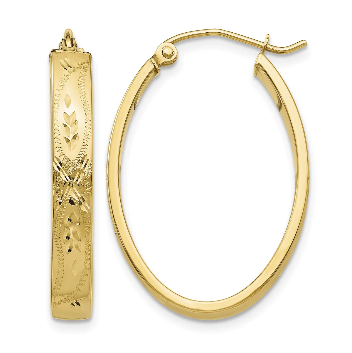 A pair of gold hoop earrings, one displayed flat showing an oval shape with etched decorative leaf patterns, the other shown at an angle displaying its polished curved surface.