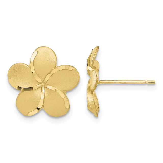Gold five-petal flower stud earrings shown from front and side view, with brushed finish petals and polished stems.