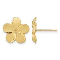Gold five-petal flower stud earrings shown from front and side view, with brushed finish petals and polished stems.