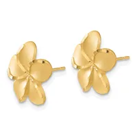 A pair of gold flower-shaped stud earrings with textured petals and a polished spherical center, shown from the front against a white background.
