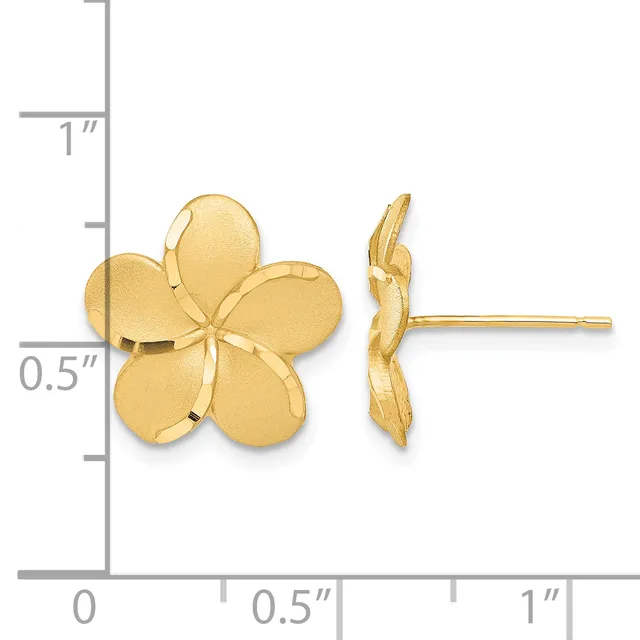 Gold flower-shaped stud earrings with five rounded petals shown from front and side view against a measurement scale.