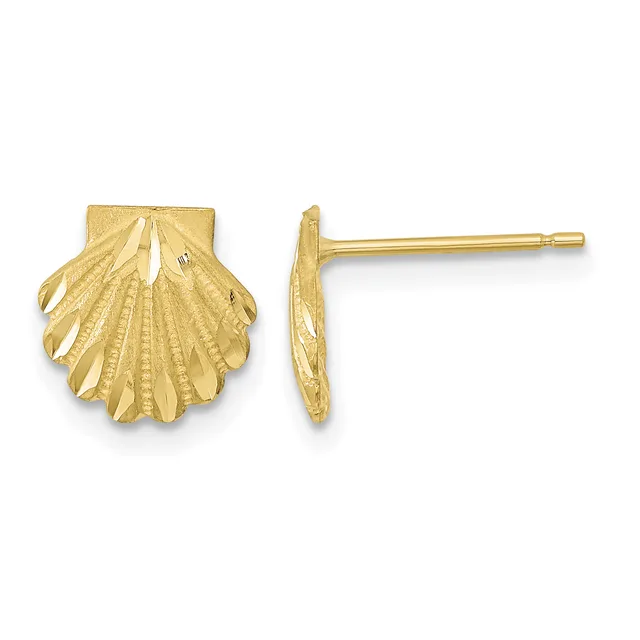 Pair of gold shell-shaped stud earrings shown from front and side views, featuring textured radiating lines and a post-and-back closure.