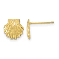 Pair of gold shell-shaped stud earrings shown from front and side views, featuring textured radiating lines and a post-and-back closure.