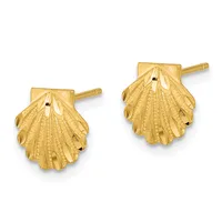 A pair of gold shell-shaped stud earrings with radiating line detailing and gold posts.