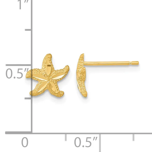 Gold starfish stud earrings with textured surface shown next to a ruler measuring approximately 0.5 inches in width.