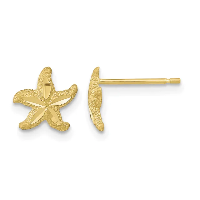 Pair of gold starfish stud earrings with textured surfaces, shown from front and side views.